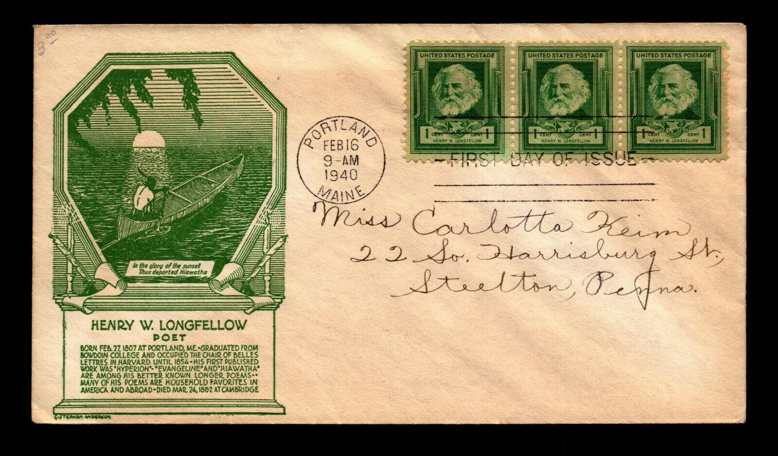 Us Sc# 864 Fdc / Green Anderson Cachet / Strip Of 3 / Addressed - L11990
