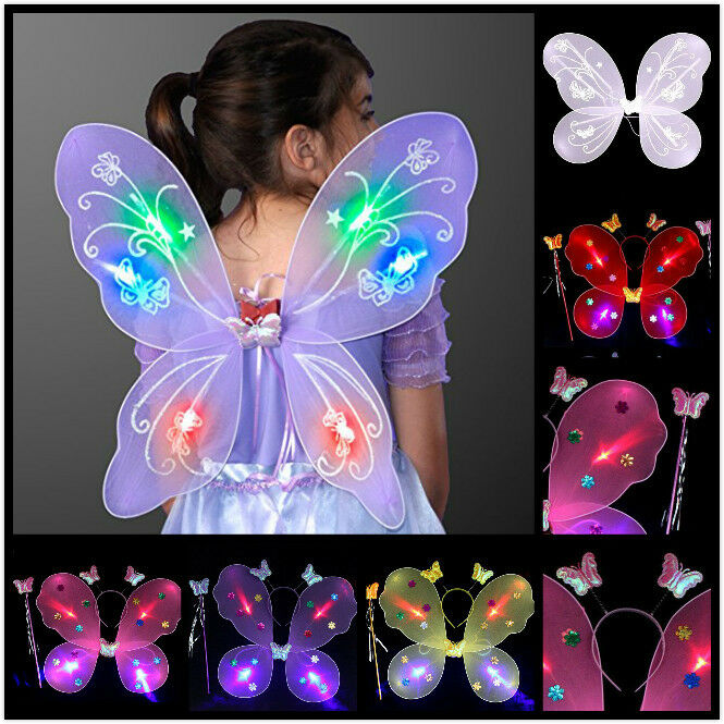 Child Girls Led Flashing Light Fairy Butterfly Wing Wand Headband 3 Pcs