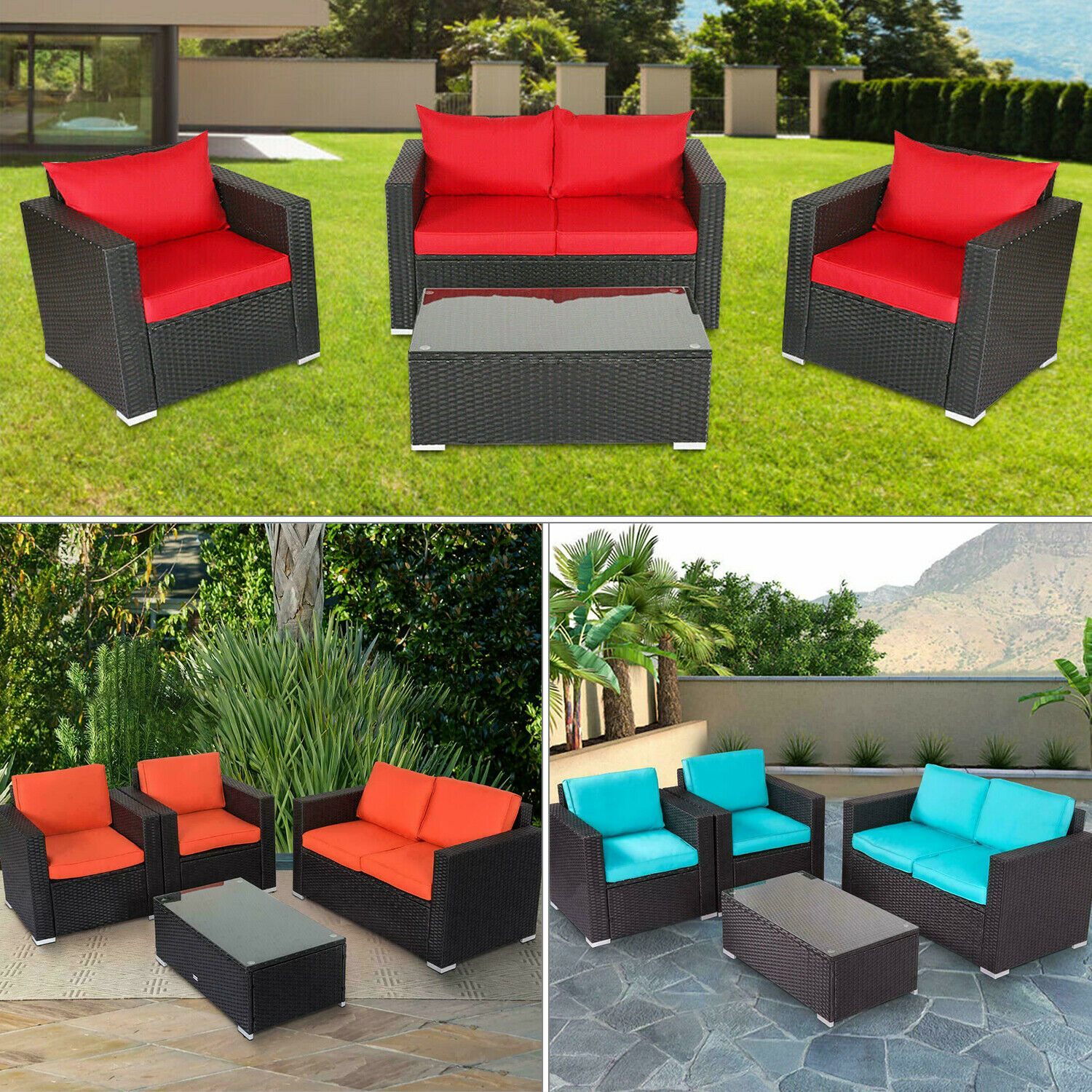 4 Pcs Patio Furniture Sectional Sofa Set Outdoor Rattan Wicker Cushioned Couch