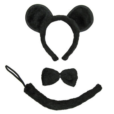 Black Mouse Ears, Tail, & Bow Tie Costume Set ~ Halloween Fun Dress Up Party Kit