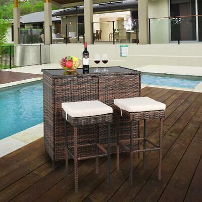 3 Pcs Rattan Wicker Bar Set Patio Outdoor Table & 2 Stools Furniture Brown