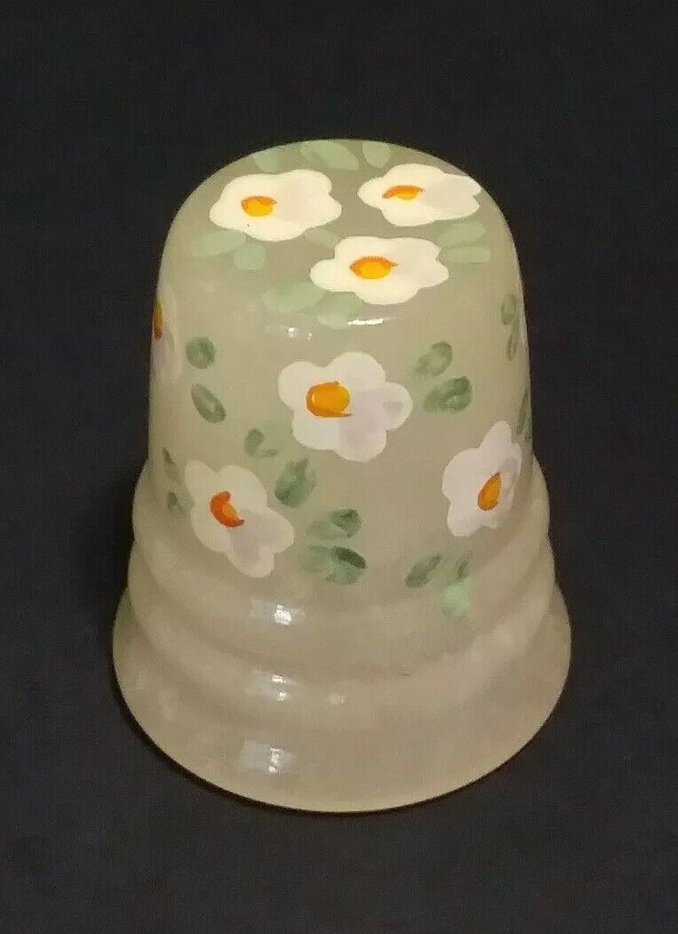 Signed Vtg. Italian Pastel Yellow Alabaster Painted Floral Motif Sewing Thimble