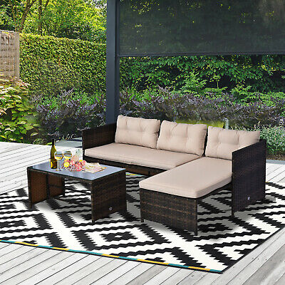 3pc Patio Rattan Wicker Sofa Set Cushined Couch Furniture Outdoor Garden