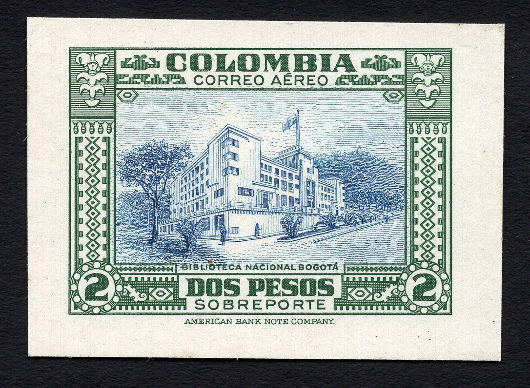 Colombia 1940s 2 Pesos Stamp Mh Cv=35$ Proof, Cardboard R!r!r!