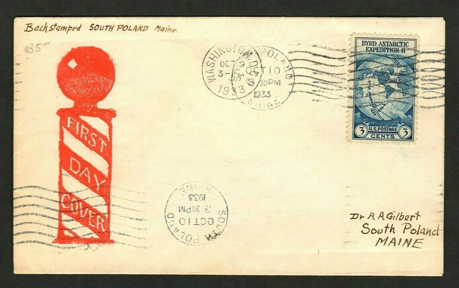 =wow= Whimsical Fdc, #733 Byrd Antarctic Issue, Cv$10.00, Globe Map, Free S&h