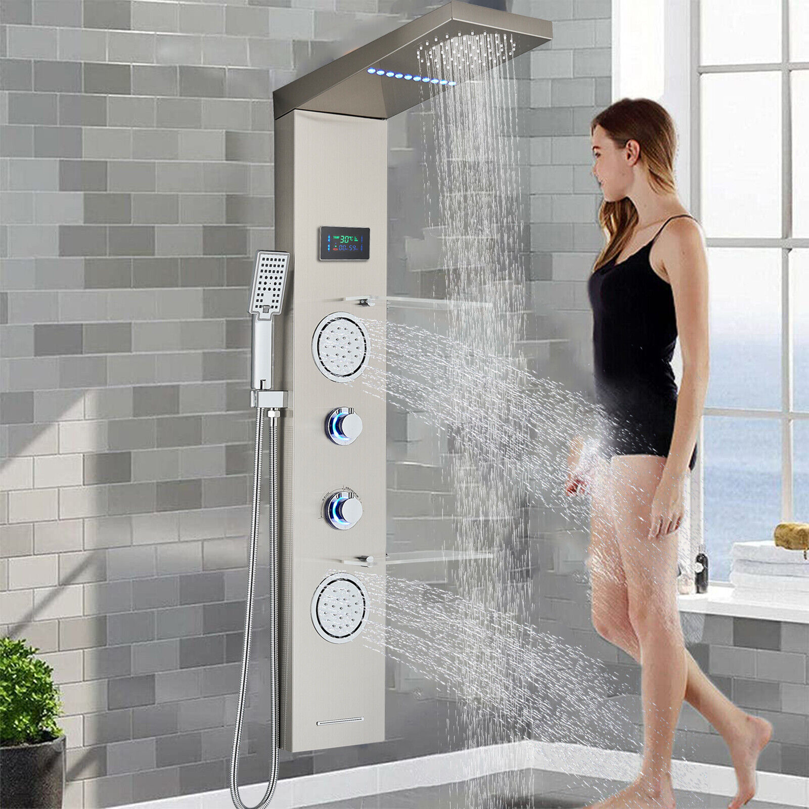 Rain&waterfall Led Shower Panel Tower Rain Massage System Body Spray Jet W/shelf