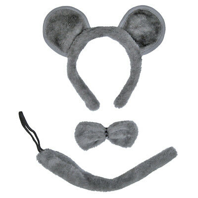 Gray Mouse Ears, Tail, & Bow Tie Costume Set ~ Halloween Fun Dress Up Party Kit