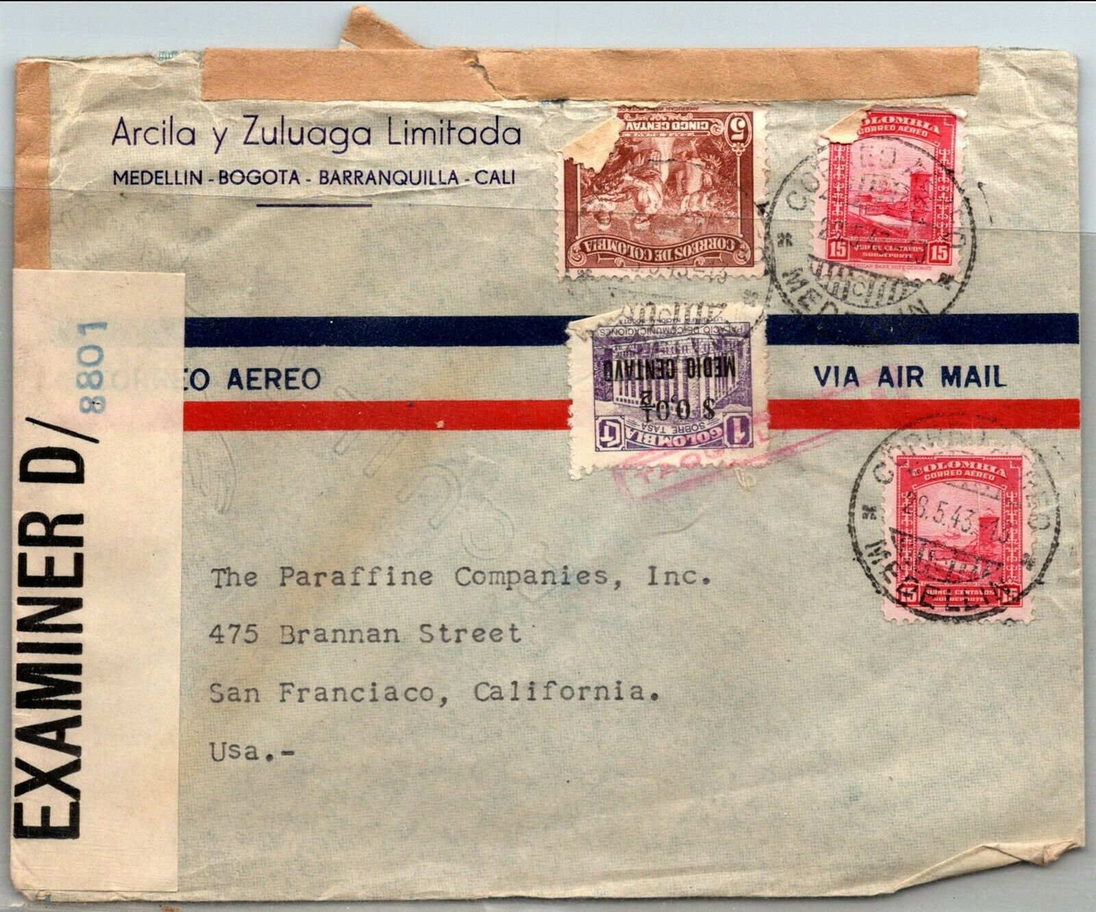 Gp Goldpath: Colombia Cover 1943 Air Mail _cv662_p05