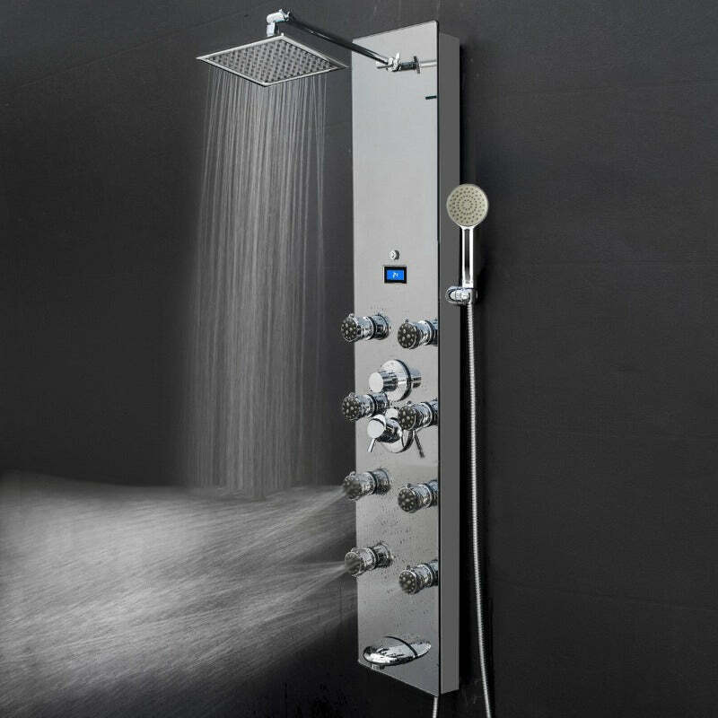 55 In. 8-jet Aluminium/glass Shower Panel System With Adjustable Rainfall Shower