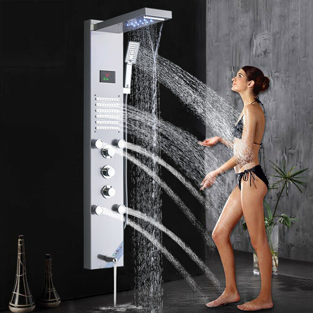 Stainless Steel Led Rainfall Shower Panel Tower Faucet Massage System Body Jets