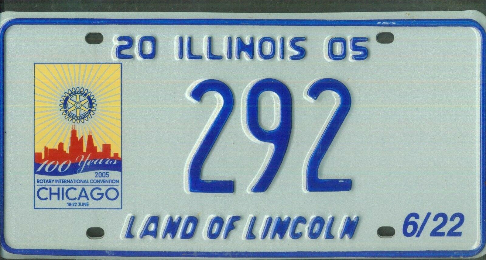 Illinois 2005 License Plate "292" *mint*rotary Int'l 100-years Convention***