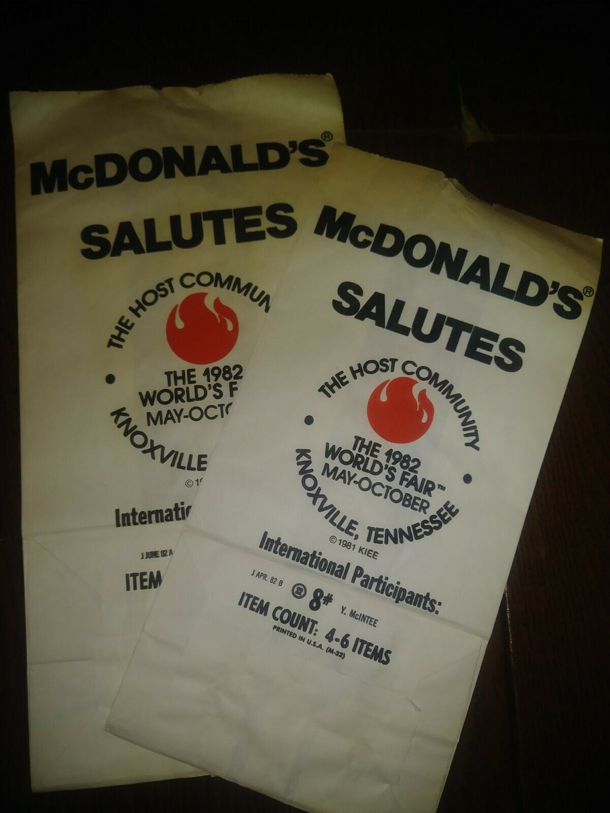 1982 World's Fair Knoxville Tennessee Lot Of 2 Used Mcdonald's Salutes Bags
