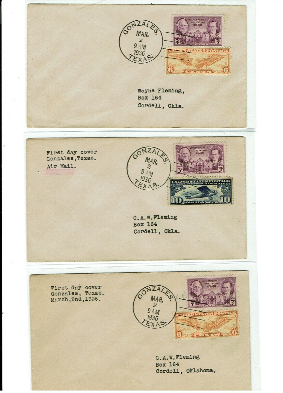 #776 Texas Centennial 3/2/1936 Fdc Air Mail 3 Covers To Cordell Oklahoma !!