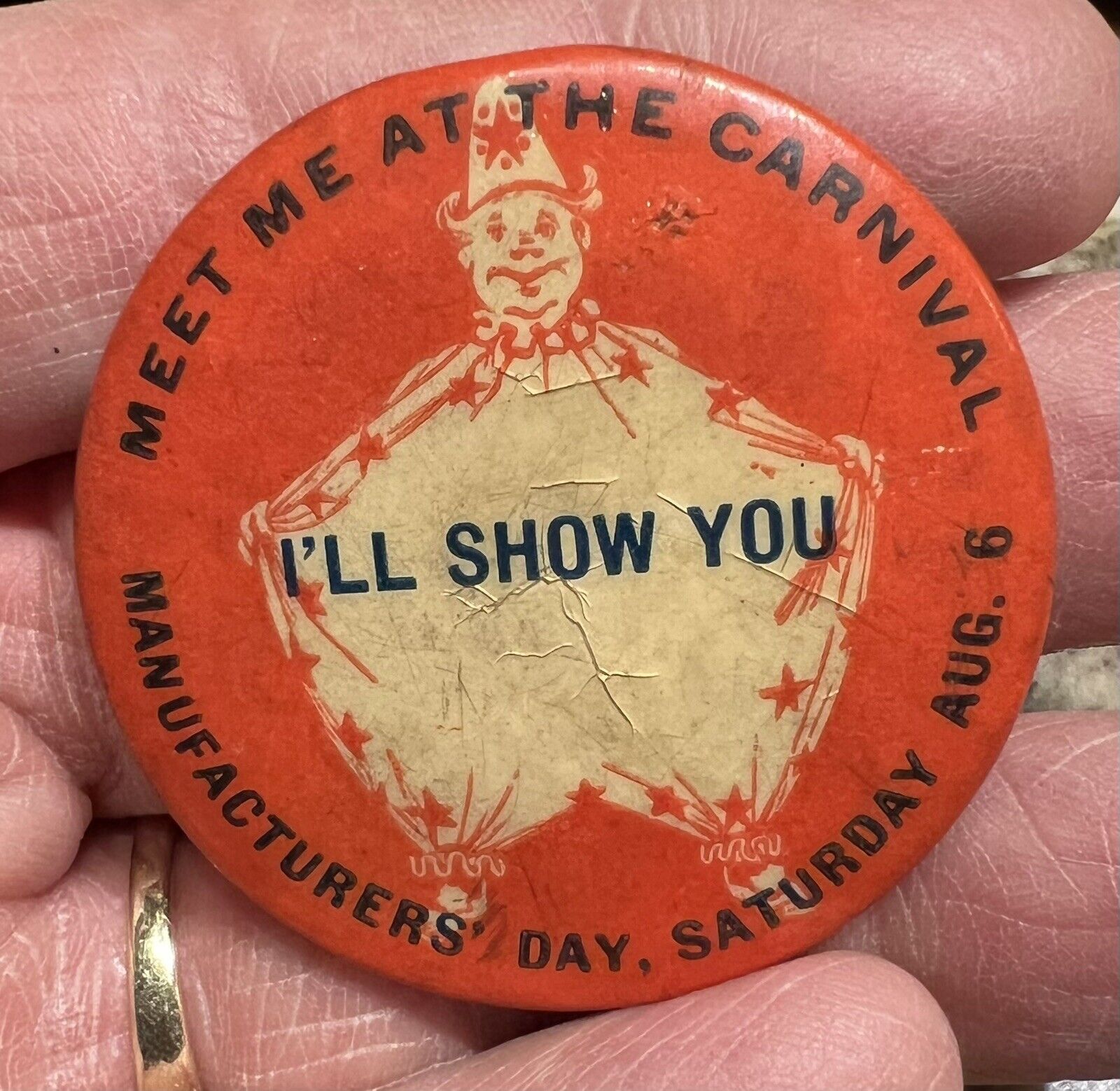 Vintage Celluloid Pinback Pin-meet Me At The Carnival-i'll Show You-clown-1900's